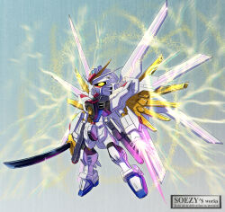 Rule 34 | artist logo, assassin silver, beam saber, chibi, commentary request, dual wielding, full body, gundam, gundam seed, gundam seed freedom, highres, holding, holding sword, holding weapon, legs apart, light particles, mecha, mecha focus, mechanical wings, mighty strike freedom gundam, mobile suit, no humans, robot, science fiction, sd gundam, sword, v-fin, weapon, wings, yellow eyes