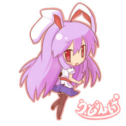 Rule 34 | 1girl, :d, animal ears, character name, chibi, female focus, fushigi ebi, long hair, looking back, open mouth, outline, purple hair, rabbit ears, rabbit girl, rabbit tail, red eyes, reisen udongein inaba, simple background, smile, solo, tail, thighhighs, touhou, translation request, white background