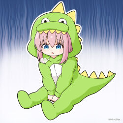 Rule 34 | 1girl, :o, between legs, blue eyes, bocchi the rock!, commentary request, dinosaur costume, dinosaur hood, gotoh hitori, grey background, hair between eyes, hand between legs, hood, hood up, long hair, looking away, looking down, mitya, parted lips, pink hair, sigh, sitting, solo, twitter username