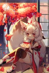 Rule 34 | 1girl, absurdres, ai xiao meng, animal ear fluff, animal ears, autumn leaves, bare shoulders, black thighhighs, boots, braid, commentary request, fox ears, fox girl, fox tail, gradient legwear, highres, holding, japanese clothes, kimono, knees up, long hair, long sleeves, looking at viewer, original, red eyes, red thighhighs, short eyebrows, sitting, solo, tail, thick eyebrows, thighhighs, tree, twin braids, white footwear, white hair, white kimono, wide sleeves, wind chime