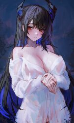 Rule 34 | 1girl, absurdres, asymmetrical horns, bare shoulders, black hair, blue hair, blush, breasts, colored inner hair, demon horns, hair ornament, highres, hololive, hololive english, horns, large breasts, long hair, looking at viewer, mole, mole under eye, multicolored hair, naked shirt, naokomama, nerissa ravencroft, outdoors, red eyes, shirt, solo, two-tone hair, uneven horns, virtual youtuber