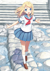Rule 34 | 10s, 1girl, ayase alisa, blonde hair, blue eyes, from above, full body, hair ornament, hairclip, loafers, long hair, looking at viewer, love live!, love live! school idol project, open mouth, outdoors, outstretched arms, pleated skirt, school uniform, see-through, see-through silhouette, serafuku, shoes, skirt, smile, socks, solo, spread arms, stairs, standing, takayaki, water