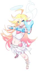 1girl absurdres ahoge arms_up bare_legs bare_shoulders blonde_hair blue_eyes breasts chain choker crop_top dual_wielding full_body gun hair_between_eyes halo handgun heart high_heels highres holding holding_gun holding_weapon huge_ahoge long_hair looking_at_viewer medium_breasts midriff nail_polish navel panty_&amp;_stocking_with_garterbelt panty_(psg) pleated_skirt red_nails simple_background skirt smoke solo standing stomach tlotro tongue tongue_out weapon white_background