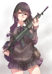 Rule 34 | 1girl, assault rifle, ayyh, cardigan, contrapposto, glasses, gun, highres, holding, holding gun, holding weapon, looking to the side, pleated skirt, red eyes, rifle, school uniform, skirt, solo, standing, weapon