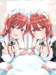 2girls, absurdres, alternate costume, blush, breasts, closed mouth, enmaided, eyebrows visible through hair, hair between eyes, highres, idolmaster, idolmaster shiny colors, long hair, looking at viewer, maid, maid headdress, multiple girls, oosaki amana, oosaki tenka, open mouth, red eyes, shiitake taishi, siblings, sisters, smile, twins, upper body, white background, yellow eyes