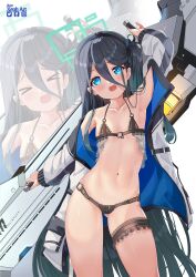 Rule 34 | &gt; &lt;, 1girl, absurdly long hair, absurdres, aris (blue archive), armpits, black bra, black hair, black hairband, black panties, blue archive, blue eyes, blush, bra, collarbone, facebook logo, flat chest, gluteal fold, green halo, hairband, halo, highres, instagram logo, jacket, long hair, long sleeves, multiple views, navel, open clothes, open jacket, open mouth, panties, ringed eyes, side ponytail, smile, twitter logo, underwear, very long hair, white jacket, xephonia, zoom layer