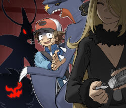 1boy 1girl ^_^ absurdres baseball_cap black_dress blonde_hair blue_jacket breasts brown_eyes brown_hair cleavage closed_eyes commentary_request creatures_(company) cynthia_(pokemon) dress game_freak garchomp gen_3_pokemon gen_4_pokemon glowing glowing_eyes hair_ornament hair_over_one_eye hat highres hilbert_(pokemon) holding holding_key jacket jeongchebulmyeongingan key korean_commentary lock long_hair long_sleeves milotic nintendo open_mouth pokemon pokemon_(creature) pokemon_bw shaded_face sharp_teeth smile spiritomb sweat tears teeth