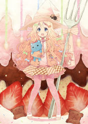 Rule 34 | 1girl, blonde hair, blue eyes, cookie, food, fork, fruit, gum (vivid garden), hat, heart, highres, holding, holding fork, k-on!, kotobuki tsumugi, long hair, mary janes, oversized object, pantyhose, patterned legwear, pink pantyhose, pink theme, print pantyhose, shoes, solo, strawberry, stuffed animal, stuffed toy, teddy bear, witch hat