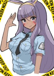Rule 34 | 1girl, absurdres, animal ears, black necktie, blue shirt, breast pocket, caution tape, commentary request, dark-skinned female, dark skin, facial mark, fate/grand order, fate (series), hair between eyes, hairband, hand up, highres, jackal ears, keep out, long hair, looking at viewer, low-tied long hair, malice stella, necktie, nitocris (fate), pocket, police, police uniform, policewoman, purple eyes, purple hair, shirt, short sleeves, smile, solo, uniform, upper body, v-shaped eyebrows