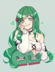 &gt;_&lt; 1girl @_@ aoiii black_choker blush breasts choker cleavage commentary cropped_torso english_commentary flower green_background grey_sweater hair_flower hair_ornament heart indie_virtual_youtuber koopa_fortuna large_breasts long_hair off-shoulder_sweater off_shoulder red_flower solo_focus sweater troopa_(koopa_fortuna) turtle virtual_youtuber