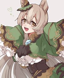 Rule 34 | 1girl, animal ears, ascot, black ascot, brooch, brown eyes, brown hair, center frills, commentary, daiwa uho, ear scrunchie, frills, green jacket, green scrunchie, green skirt, grey background, heart, high-waist skirt, highres, horse ears, horse girl, jacket, jewelry, leaning forward, long hair, long sleeves, looking at viewer, open mouth, satono diamond (umamusume), scrunchie, shirt, skirt, sleeves past wrists, smile, solo, standing, umamusume, very long hair, white shirt