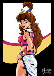 Rule 34 | 1girl, ass, blue eyes, breasts, brown hair, captain n: the game master, captain n the game master, crown, earrings, from behind, grin, highres, jewelry, legs, lipstick, long hair, looking back, makeup, midriff, nintendo, princess lana, shiny skin, shoulder pads, skirt, smile, solo, thighs