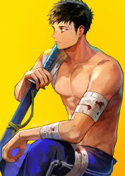 Rule 34 | 1boy, abs, bandaged arm, bandaged leg, bandages, black eyes, blue pants, dorohedoro, facing to the side, feet out of frame, highres, holding, holding sword, holding weapon, looking to the side, male focus, muscular, muscular male, nipples, panco, pants, pectorals, sideburns, signature, simple background, solo, sword, tetsujo, upper body, weapon, yellow background