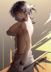 Rule 34 | 1boy, absurdres, arknights, arm up, black hair, brown background, closed mouth, dark-skinned male, dark skin, earrings, gloves, highres, holding, jewelry, looking at viewer, looking to the side, male focus, profile, short hair, sideways glance, solo, sweat, thorns (arknights), topless male, two-tone background, vuvkhkgi, white gloves, yellow background, yellow eyes