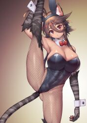 Rule 34 | 1girl, animal ears, animal hands, bare shoulders, black leotard, bow, bowtie, breasts, brown hair, bulge, cat ears, cat paws, cat tail, cleavage, commentary request, covered testicles, fake animal ears, fishnet pantyhose, fishnets, futanari, gluteal fold, hair between eyes, high heels, highres, large breasts, leotard, long hair, looking at viewer, original, pantyhose, playboy bunny, rabbit ears, red eyes, solo, split, standing, standing on one leg, standing split, strapless, strapless leotard, tail, testicles, wrist cuffs, yagatake arashi, yana (nekoarashi)