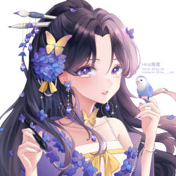 Rule 34 | 1girl, absurdres, artist name, bird, butterfly hair ornament, butterfly ornament, calligraphy brush, chinese clothes, flower, hair ornament, hanfu, highres, hira qw, hydrangea, instagram username, original, paintbrush, pencil, purple eyes, purple hair, solo, twitter username, white background
