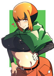 Rule 34 | 1girl, absurdres, alternate breast size, blush, border, breasts, brown hair, covered erect nipples, creatures (company), game freak, gardenia (pokemon), green background, gym uniform, hand on own hip, highres, large breasts, looking at viewer, multicolored hair, navel, nintendo, no bra, pokemon, pokemon dppt, shiny skin, short hair, shorts, simple background, smile, standing, two-tone hair, uranosaxia, white border, wide hips