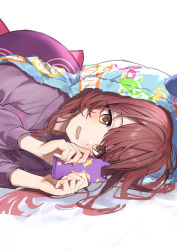 Rule 34 | 1girl, brown hair, commentary request, debi tarou, haruyuki (gffewuoutgblubh), highres, holding, holding phone, idolmaster, idolmaster shiny colors, long hair, long sleeves, lying, on side, osaki tenka, open mouth, phone, solo, upper body, white background, yellow eyes