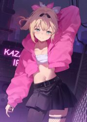 Rule 34 | 1girl, arm behind back, belt, black belt, black hairband, black skirt, blonde hair, blue eyes, breasts, chain-link fence, chest sarashi, cleavage, closed mouth, collarbone, commentary, cowboy shot, cropped jacket, fence, fishnet thighhighs, fishnets, hair ornament, hairband, hana mori, highres, hololive, hood, hood down, hooded jacket, jacket, kazama iroha, looking at viewer, medium breasts, midriff, navel, night, open clothes, open jacket, outdoors, pink jacket, pleated skirt, sarashi, single leg pantyhose, single thighhigh, skirt, sleeves past wrists, solo, symbol-only commentary, thighhighs, virtual youtuber