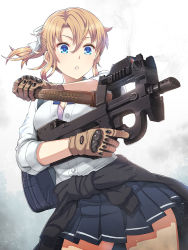 Rule 34 | 1girl, bag, black sweater, blonde girl (itou), blonde hair, blue eyes, blue skirt, bra, breasts, brown gloves, bullpup, buttons, cartridge, cleavage, clothes around waist, commentary request, contrapposto, cowboy shot, dress shirt, gloves, gun, hair between eyes, hair ribbon, holding, holding gun, holding weapon, itou (onsoku tassha), magazine (weapon), medium breasts, original, p90, parted lips, personal defense weapon, pink bra, pleated skirt, ponytail, reloading, ribbon, school bag, school uniform, shirt, skirt, smoke, solo, standing, submachine gun, sweater, sweater around waist, unbuttoned, unbuttoned shirt, underwear, weapon, white ribbon, white shirt