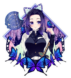 Rule 34 | 1girl, artist name, black hair, blush, breasts, bug, butterfly, butterfly hair ornament, closed mouth, commission, gradient hair, hair ornament, highres, insect, itsumarin, kimetsu no yaiba, kochou shinobu, large breasts, medium hair, multicolored hair, parted bangs, ponytail, purple eyes, purple hair, sheath, sheathed, sidelocks, smile, solo, sword, weapon