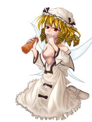 Rule 34 | 1girl, blonde hair, breasts, censored, covering own mouth, cum, cum in mouth, eastern and little nature deity, ejaculation, gr (artist), hand over own mouth, handjob, hat, luna child, mosaic censoring, nipples, penis, ribbon, simple background, small breasts, solo, solo focus, touhou, touhou sangetsusei, white background, wings