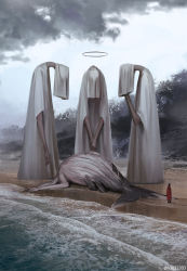 Rule 34 | 1other, arms at sides, beach, day, facing down, giant, grey robe, halo, hands up, jacket, monokubo, monster, ocean, original, outdoors, red jacket, robe, standing, v arms, water