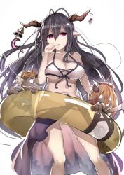 Rule 34 | 10s, 1girl, bare shoulders, bikini, black hair, breasts, cleavage, crescent, cure slum, danua, draph, front-tie bikini top, front-tie top, granblue fantasy, hair between eyes, horns, innertube, jewelry, large breasts, long hair, looking at viewer, moon, navel, open mouth, pink eyes, pointy ears, sarong, solo, swim ring, swimsuit, white bikini