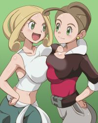 Rule 34 | 10s, 2girls, alexa (pokemon), armpits, bare shoulders, belt, blonde hair, blush, breast press, breasts, brown hair, cleavage, creatures (company), female focus, game freak, green background, green eyes, gym leader, hand on own hip, huge breasts, large breasts, midriff, multiple girls, navel, nintendo, open mouth, pokemon, pokemon xy, refuto, short hair, siblings, simple background, sisters, smile, symmetrical docking, viola (pokemon)
