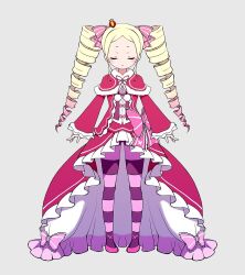 Rule 34 | 1girl, beatrice (re:zero), blonde hair, bow, capelet, closed eyes, closed mouth, crown, drill hair, facing viewer, full body, fur-trimmed capelet, fur trim, grey background, hair bow, highres, jacket, long sleeves, mini crown, neck ribbon, pantyhose, parted bangs, pink bow, pink footwear, premium (prmsub), purple pantyhose, re:zero kara hajimeru isekai seikatsu, red jacket, ribbon, shoes, simple background, solo, standing, striped clothes, striped pantyhose, twin drills, twintails