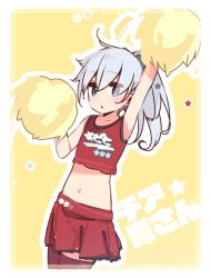 Rule 34 | 1girl, alternate costume, alternate hairstyle, armpits, blue eyes, cheering, cheerleader, commentary request, cowboy shot, crop top, hibiki (kancolle), holding, holding pom poms, kantai collection, long hair, looking at viewer, midriff, navel, pleated skirt, pom pom (cheerleading), pom poms, red skirt, red thighhighs, silver hair, skirt, solo, thighhighs, yellow background, yoru nai