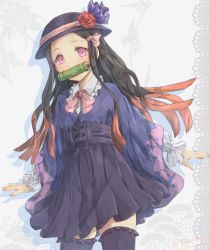 Rule 34 | 1girl, argyle, bamboo, bit gag, black hair, black hat, black skirt, black thighhighs, blue jacket, border, brown hair, collared shirt, commentary, cross-laced clothes, dress shirt, english commentary, flower, forehead, frilled shirt collar, frilled thighhighs, frills, gag, hair ribbon, hat, hat flower, high-waist skirt, highres, hikari niji, jacket, kamado nezuko, kimetsu no yaiba, lace, lace border, long sleeves, mouth hold, multicolored hair, ornate border, parted bangs, pink eyes, pink ribbon, pleated skirt, red flower, red rose, ribbon, rose, shirt, skirt, solo, thighhighs, two-tone hair, white shirt, wide sleeves