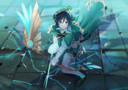 Rule 34 | 1boy, absurdres, arrow (projectile), black hair, blue hair, bow, bow (weapon), braid, cape, closed mouth, crack, cracked floor, feathers, flower, frilled sleeves, frills, gem, genshin impact, gradient hair, green eyes, green hat, hair flower, hair ornament, hat, highres, holding, holding bow (weapon), holding weapon, jewelry, leaf, long sleeves, looking at viewer, male focus, multicolored hair, nakura hakuto, pantyhose, ribbon, shorts, solo, stone floor, tile floor, tiles, trap, twin braids, venti (genshin impact), vision (genshin impact), weapon, white flower, white pantyhose