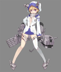 Rule 34 | 1girl, blonde hair, breasts, cleavage, collar, fletcher (warship girls r), full body, gluteal fold, grey background, hood, hoodie, looking at viewer, machinery, no bra, purple eyes, robot ears, short hair, single thighhigh, sleeves past wrists, solo, standing, stmast, thigh strap, thighhighs, unzipped, warship girls r