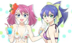 Rule 34 | 2girls, :d, bikini, blue eyes, blue hair, bow, breasts, cleavage, collarbone, cup, flower, food, front-tie bikini top, front-tie top, green bow, green eyes, hair between eyes, hair bow, hair flower, hair ornament, halterneck, hibiscus, high ponytail, hiiragi yuzu, holding, holding cup, ice cream, long hair, looking at viewer, mechakucha, multicolored hair, multiple girls, open mouth, pink hair, purple bikini, purple ribbon, red flower, ribbon, serena (yu-gi-oh!), sideboob, small breasts, smile, swimsuit, twintails, two-tone hair, upper body, white background, white bikini, yu-gi-oh!, yu-gi-oh! arc-v