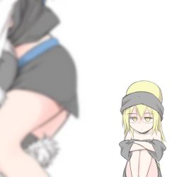 Rule 34 | 3girls, bare legs, black shirt, blonde hair, crossed arms, doremy sweet, dual persona, empty eyes, hecatia lapislazuli, hecatia lapislazuli (moon), knees up, kuroba rapid, looking at another, miniskirt, multiple girls, off-shoulder shirt, off shoulder, shirt, sitting, skirt, solo focus, t-shirt, touhou, yellow eyes