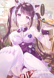 Rule 34 | 1girl, animal ears, arm between legs, arm strap, bottle, bow, breasts, cafe, cat ears, chalkboard, choker, cleavage, crying, detached collar, feet, flower, food, frown, hair bow, hair ornament, heart, heart hair ornament, highres, holding, holding bottle, kappe reeka, maid, maid headdress, omelet, omurice, original, pink flower, purple eyes, sitting, skirt, small breasts, soles, solo, speech bubble, tears, thighhighs, translation request, twintails, wavy mouth, white bow, white choker, white skirt, wrist cuffs