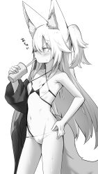 Rule 34 | 1girl, animal ear fluff, animal ears, bikini, breasts, cowboy shot, criss-cross halter, cup, disposable cup, drink, drinking, drinking straw, fox ears, fox tail, from side, greyscale, groin, halterneck, hand on own hip, highres, holding, holding cup, holding drink, long hair, lowleg, lowleg bikini, monochrome, multi-strapped bikini, navel, one side up, original, profile, simple background, small breasts, solo, stomach, sweat, swimsuit, tail, very long hair, white background, yoshizawa tsubaki