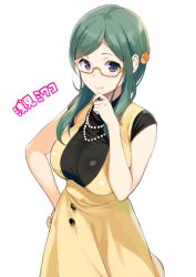 Rule 34 | 1girl, azami miwako, breasts, character name, dress, glasses, green hair, hand on own hip, hand on own chin, huge breasts, jewelry, necklace, orange-framed eyewear, sasamori tomoe, simple background, solo, tokyo 7th sisters, white background, yellow dress