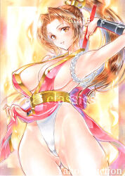 Rule 34 | 1girl, breasts, brown eyes, brown hair, covered erect nipples, fatal fury, large breasts, long hair, panties, partially visible vulva, ponytail, shiranui mai, sideboob, solo, thick thighs, thighs, underwear, white panties