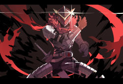 Rule 34 | armor, belt, black background, fighting stance, free knight rider, glint, gloves, grey gloves, helmet, jong tu, letterboxed, looking at viewer, parody, pixiv fantasia, pixiv fantasia last saga, red scarf, scabbard, scarf, sheath, standing, sword, thumbs up, torn clothes, torn scarf, weapon