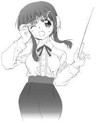 Rule 34 | 00s, 1girl, adjusting eyewear, bow, bowtie, face, frills, glasses, greyscale, ilfa (to heart), long sleeves, monochrome, pencil skirt, robot ears, short hair with long locks, skirt, solo, teacher, to heart (series), to heart 2, yamaguchi homupe