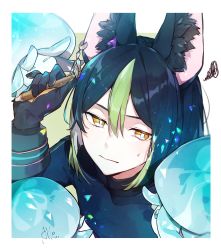 Rule 34 | 1boy, aiwo o lite, animal ear fluff, animal ears, black hair, blunt ends, bright pupils, closed mouth, commentary, earrings, flower, fox boy, fox ears, fungi (genshin impact), genshin impact, gloves, green eyes, green hair, hair between eyes, highres, holding, holding pen, jewelry, male focus, medal, multicolored hair, pen, simple background, single earring, solo, squiggle, streaked hair, sweatdrop, tassel, tighnari (genshin impact), upper body, white background, white pupils, yellow flower