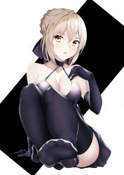 Rule 34 | 1girl, absurdres, artoria pendragon (all), artoria pendragon (fate), bare shoulders, black dress, black gloves, black ribbon, black thighhighs, blonde hair, blush, braid, breasts, cleavage, collarbone, commentary request, dress, elbow gloves, fate/grand order, fate (series), feet, foot focus, french braid, gloves, hair bun, highres, legs together, looking at viewer, medium breasts, nekoma0116, no shoes, open mouth, pleated skirt, ribbon, saber alter, simple background, single hair bun, sitting, skirt, sleeveless, sleeveless dress, soles, solo, thighhighs, thighs, toes, white background, yellow eyes