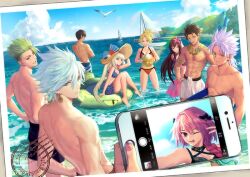 Rule 34 | 3girls, 6+boys, abs, achilles (fate), amakusa shirou (fate), arash (fate), astolfo (fate), ball, bird, black hair, black shorts, blonde hair, blue bra, blue eyes, blue shorts, blue skirt, boat, bra, breasts, closed mouth, fate/grand order, fate (series), flower, green hair, hair between eyes, hair flower, hair ornament, hand on headwear, hand on own hip, hat, holding, holding ball, holding phone, holding surfboard, iketsumi, karna (fate), long hair, looking at viewer, marie antoinette (fate), medium breasts, mordred (fate), mordred (fate) (all), mordred (swimsuit rider) (fate), multiple boys, multiple girls, muscular, muscular male, ocean, outdoors, ozymandias (fate), panties, parted bangs, parted lips, phone, pink skirt, purple bra, purple hair, red bra, red panties, scathach (fate), scathach (fate/grand order), scathach (swimsuit assassin) (fate), seagull, selfie, shorts, sitting, skirt, smile, spiked hair, standing, surfboard, twintails, underwear, v, water gun, watercraft, white hair, white shorts, yellow eyes
