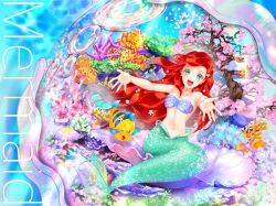 Rule 34 | 1girl, :d, aqua eyes, ariel (disney), bare shoulders, bikini, blue background, breasts, cherry blossoms, cleavage, collarbone, commentary request, coral, coral reef, disney, earrings, fish, flounder (the little mermaid), full body, hair ornament, jewelry, long hair, looking at viewer, makeup, mermaid, monster girl, navel, necklace, one eye closed, open mouth, outstretched arms, pearl necklace, reaching, reaching towards viewer, red hair, shell, shell bikini, sitting, small breasts, smile, solo focus, stomach, swimsuit, teeth, the little mermaid, tree, uniko (monyonyo03), upper teeth only