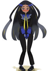 1girl black_footwear black_hair black_jacket black_pants blonde_hair blue_eyes blue_gloves blue_hair blush closed_mouth creatures_(company) dark-skinned_female dark_skin embarrassed female_focus forehead full_body game_freak geeta_(pokemon) gloves grey_socks have_to_pee jacket long_hair long_sleeves looking_at_viewer mizuumi_(expanse_lake) multicolored_eyes multicolored_hair nintendo nose_blush pants pee peeing peeing_self pokemon pokemon_sv puddle raised_eyebrows shoes simple_background socks solo standing straight-on sweat tears very_long_hair wet_pants white_background yellow_eyes