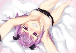 Rule 34 | 1girl, armpits, bad id, bad pixiv id, blush, clenched teeth, commentary request, fate/grand order, fate (series), flat chest, foreshortening, helena blavatsky (fate), kinnrui, looking at viewer, lying, on back, purple eyes, purple hair, short hair, solo, tears, teeth, upside-down