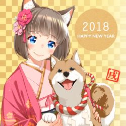 Rule 34 | 1girl, 2018, animal ears, blue eyes, blush, brown hair, chinese zodiac, closed mouth, commentary request, dog, dog ears, flower, hair flower, hair ornament, happy new year, head tilt, highres, japanese clothes, kimono, lips, looking at viewer, nengajou, new year, original, pink kimono, saruchitan, shiba inu, short hair, smile, solo, year of the dog