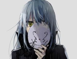 Rule 34 | 1other, androgynous, black jacket, blue hair, hair between eyes, jacket, looking at viewer, mask, mikoto kei, one eye covered, rimuru tempest, simple background, solo, tensei shitara slime datta ken, white background, yellow eyes